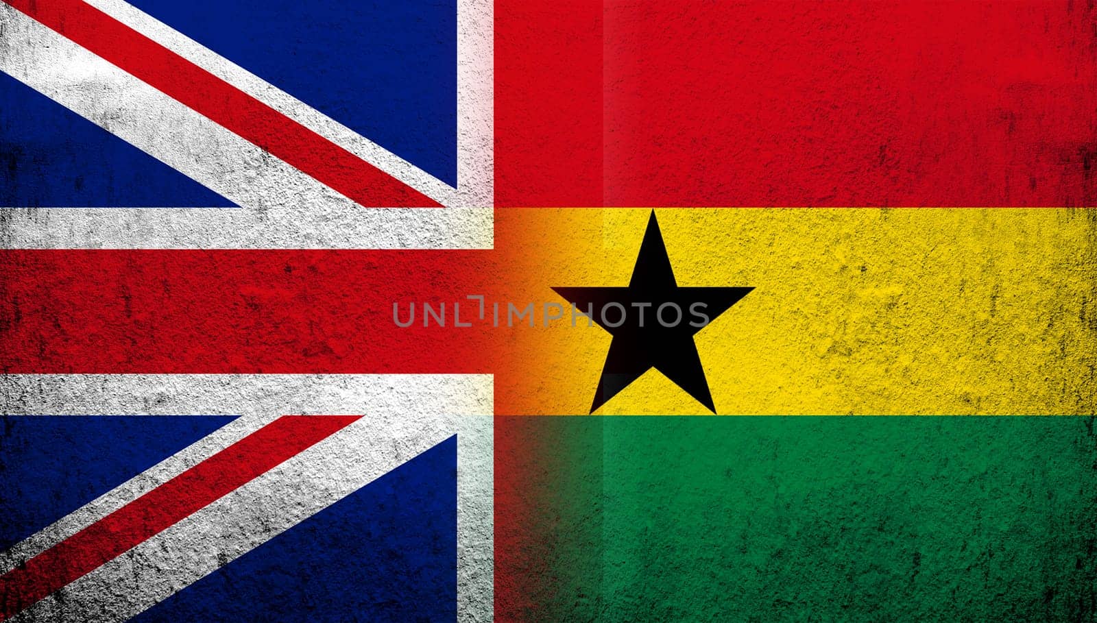 National flag of United Kingdom (Great Britain) Union Jack with Republic of Ghana National flag. Grunge background