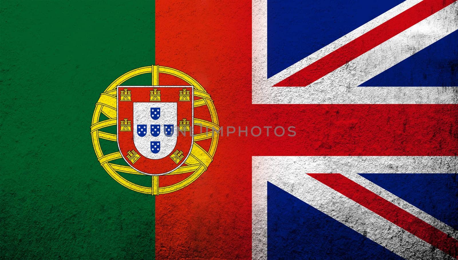 National flag of United Kingdom (Great Britain) Union Jack with Portugal National flag. Grunge background