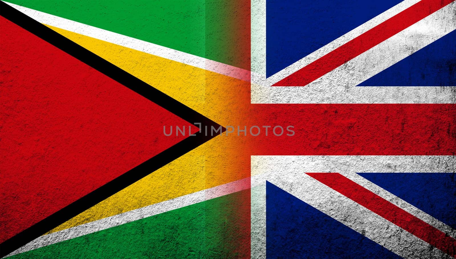 National flag of United Kingdom (Great Britain) Union Jack with Republic of Guyana National flag. Grunge background