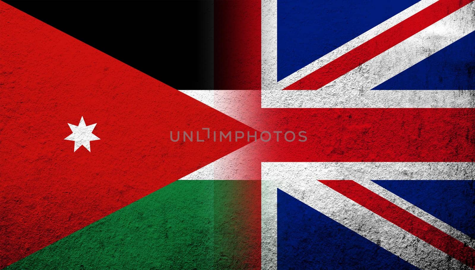 National flag of United Kingdom (Great Britain) Union Jack with The Hashemite Kingdom of Jordan National flag. Grunge background