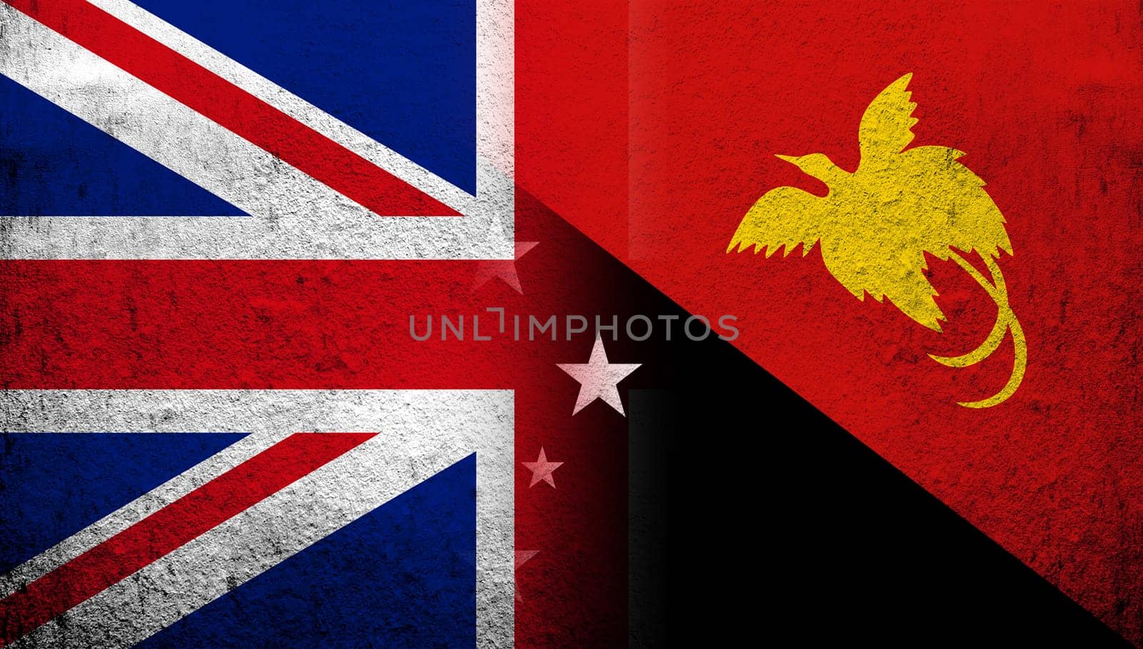 National flag of United Kingdom (Great Britain) Union Jack with The Independent State of Papua New Guinea National flag. Grunge background
