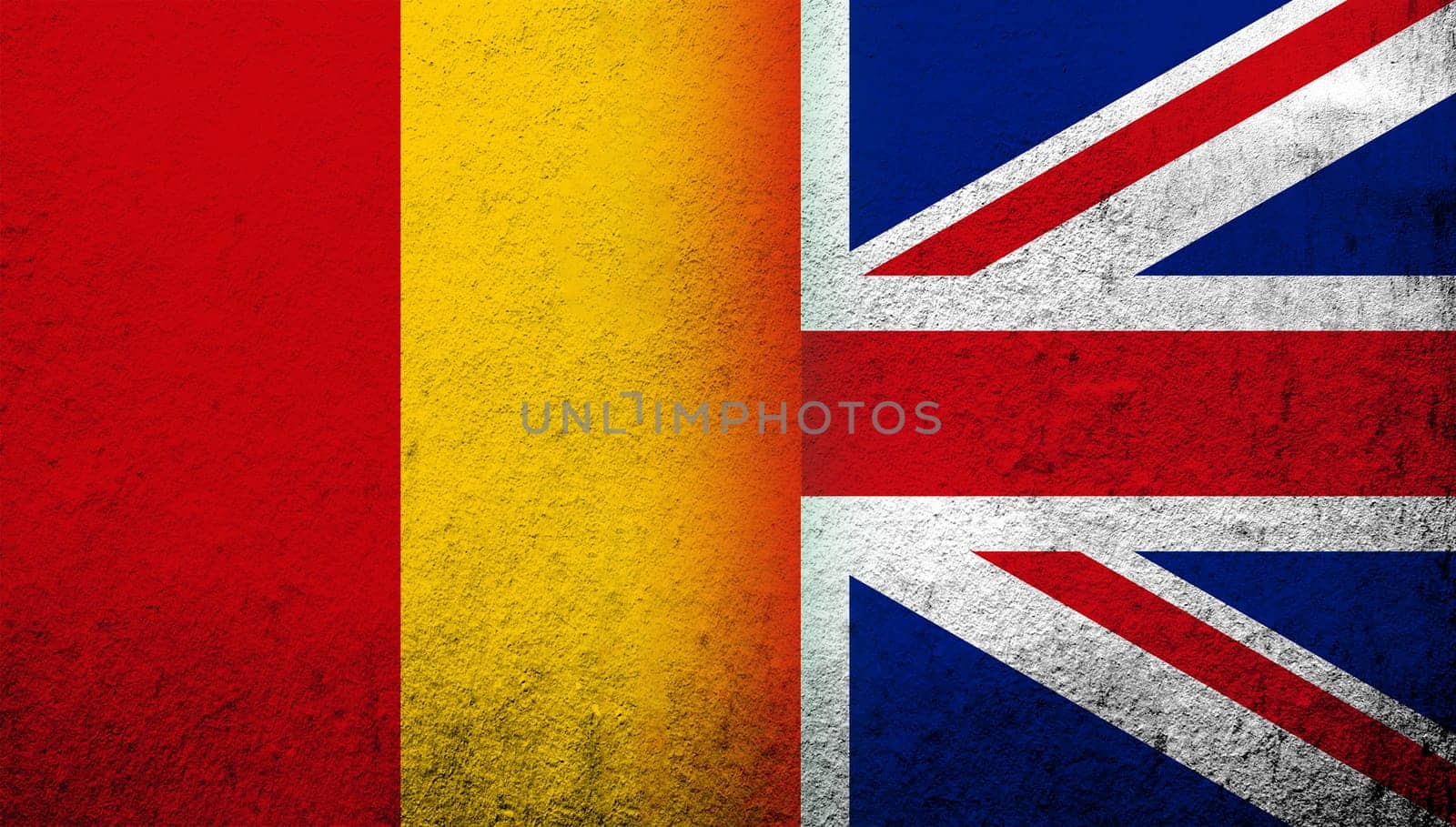 National flag of United Kingdom (Great Britain) Union Jack with The Republic of Guinea National flag. Grunge background