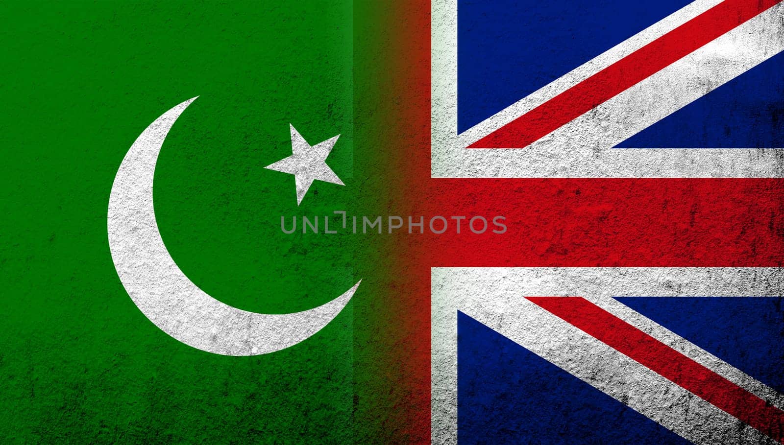 National flag of United Kingdom (Great Britain) Union Jack with Pakistan National flag. Grunge background