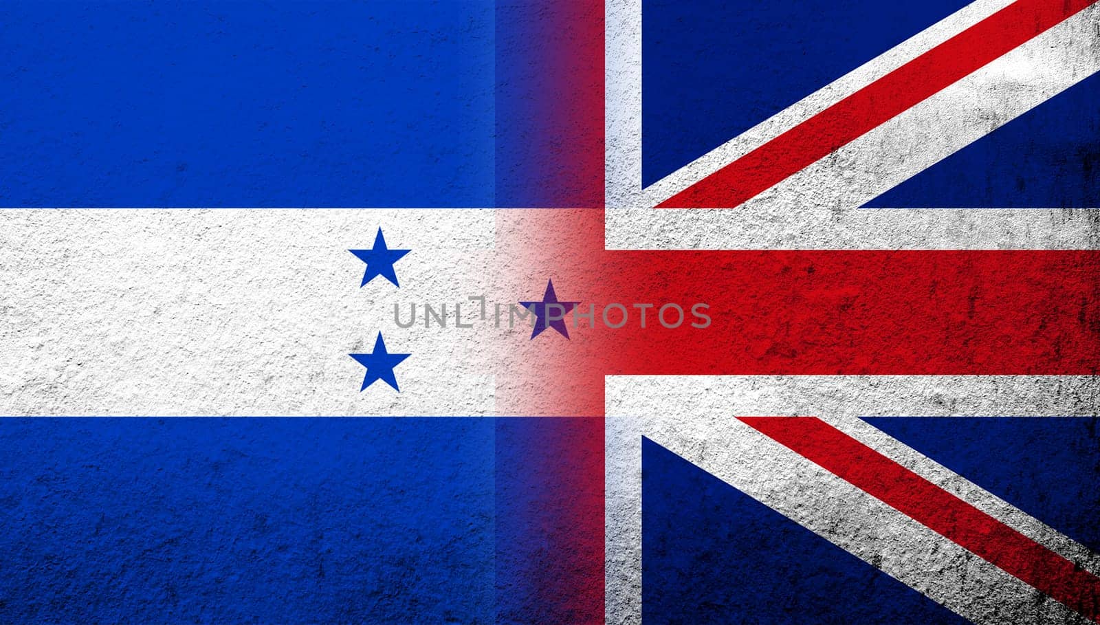 National flag of United Kingdom (Great Britain) Union Jack with The Republic of Honduras National flag. Grunge background