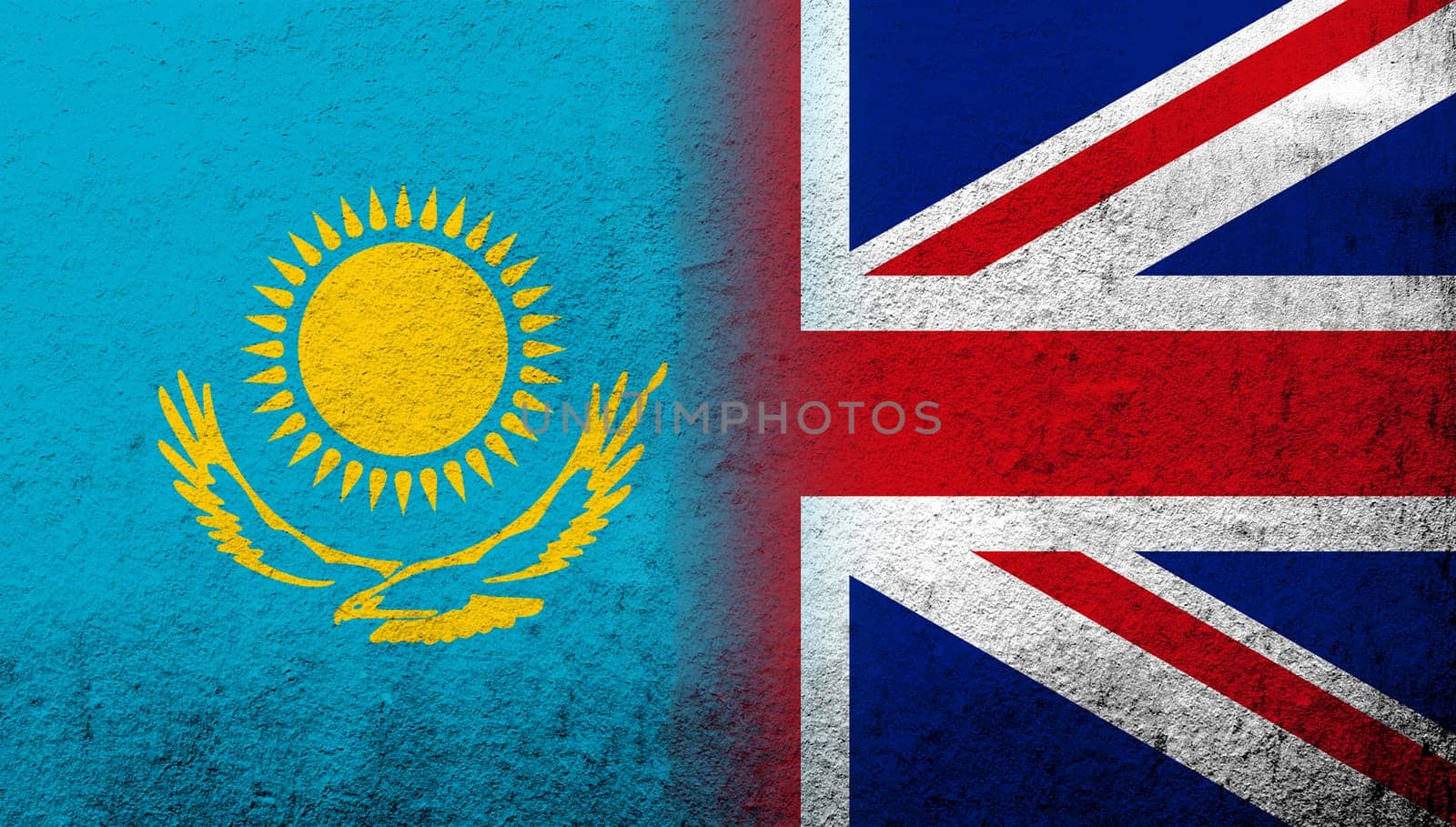 National flag of United Kingdom (Great Britain) Union Jack with The Republic of Kazakhstan National flag. Grunge background