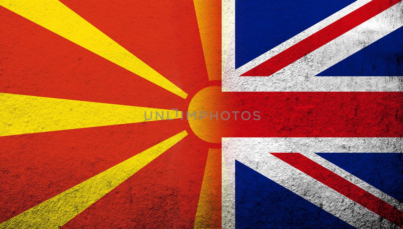National flag of United Kingdom (Great Britain) Union Jack with The Republic of Macedonia National flag. Grunge background