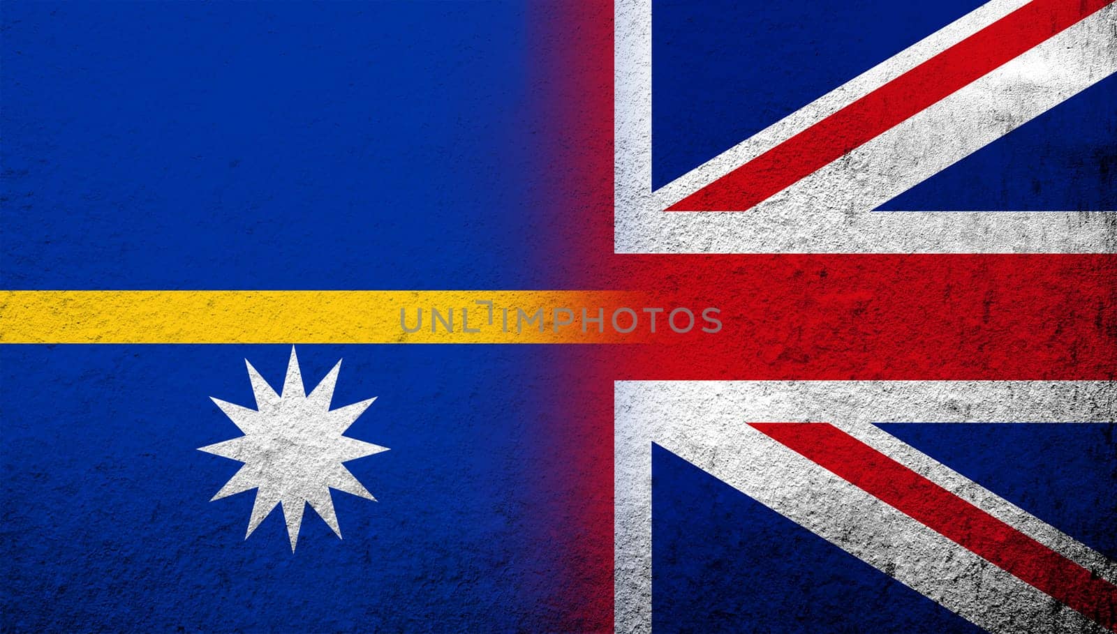 National flag of United Kingdom (Great Britain) Union Jack with The Republic of Nauru (Pleasant Island) National flag. Grunge background
