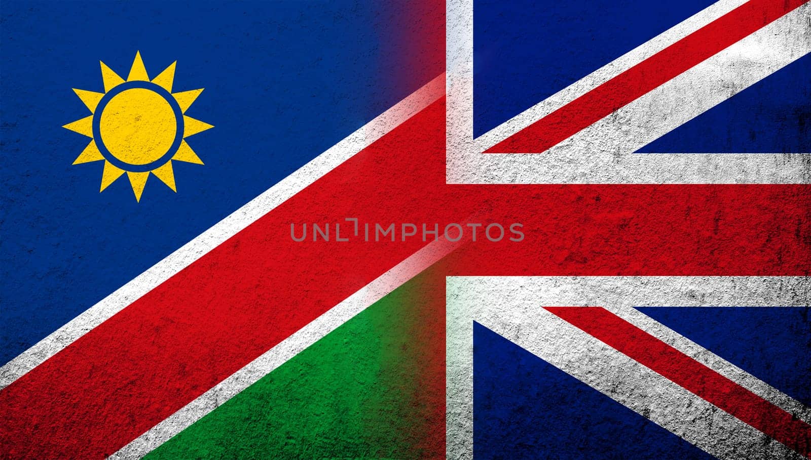 National flag of United Kingdom (Great Britain) Union Jack with The Republic of Namibia National flag. Grunge background