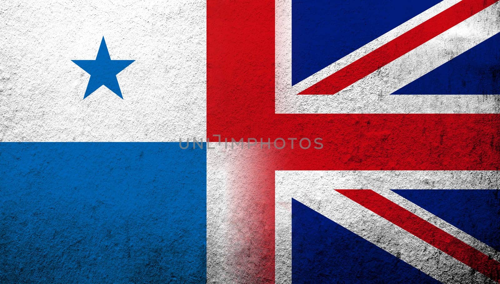 National flag of United Kingdom (Great Britain) Union Jack with The Republic of Panama National flag. Grunge background