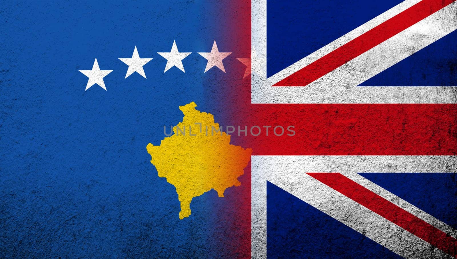 National flag of United Kingdom (Great Britain) Union Jack with The Republic of Kosovo National flag. Grunge background