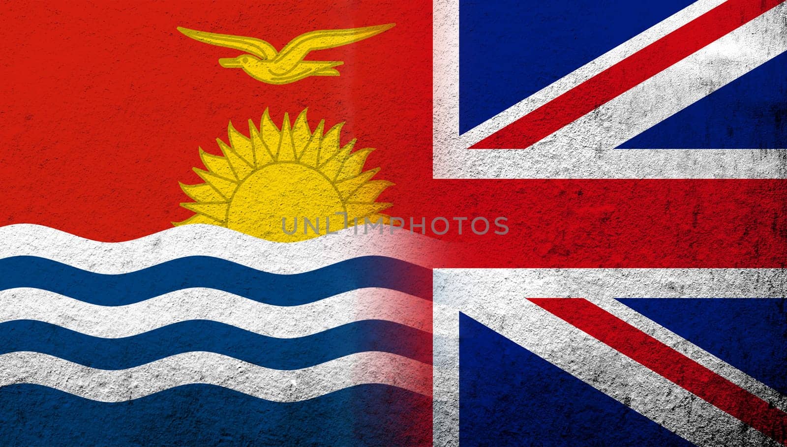 National flag of United Kingdom (Great Britain) Union Jack with The Republic of Kiribati National flag. Grunge background
