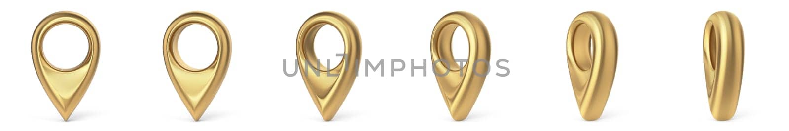 Golden map pointer collection 3D rendering illustration isolated on white background