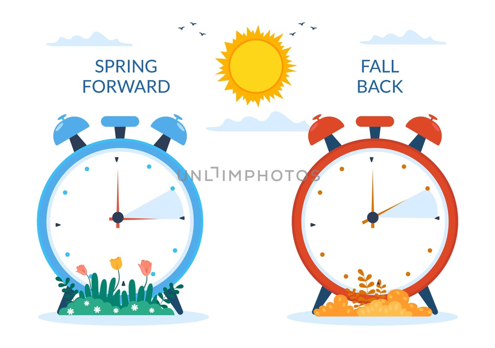 Daylight Savings Time Hand Drawn Flat Cartoon Illustration with Alarm Clock or Calendar from Summer to Spring Forward Design