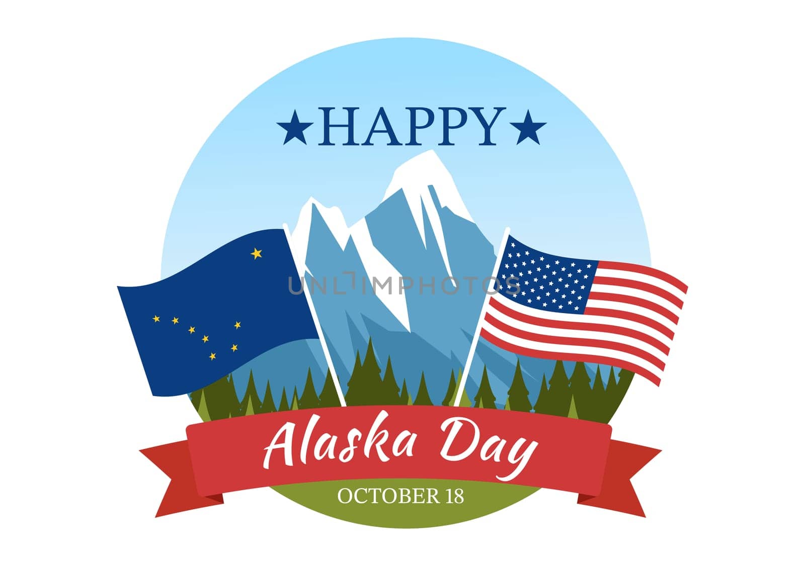 Happy Alaska Day on October 18 Hand Drawn Cartoon Flat Illustration with Flag Waving in Winter Landscape in Template for Banner or Poster