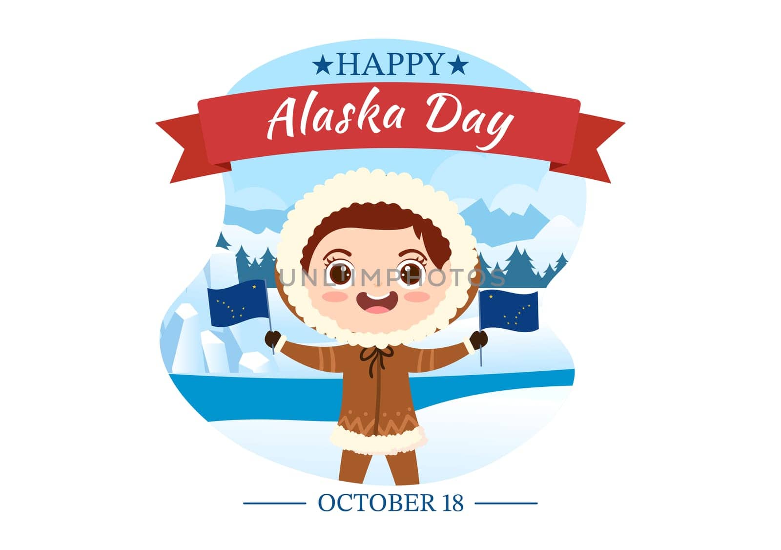 Happy Alaska Day on October 18 Hand Drawn Cartoon Flat Illustration with Flag Waving in Winter Landscape in Template for Banner or Poster