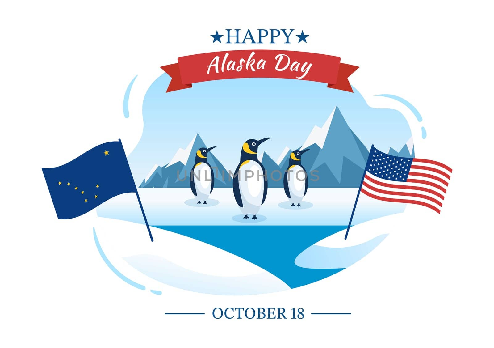 Happy Alaska Day on October 18 Hand Drawn Cartoon Flat Illustration with Flag Waving in Winter Landscape in Template for Banner or Poster