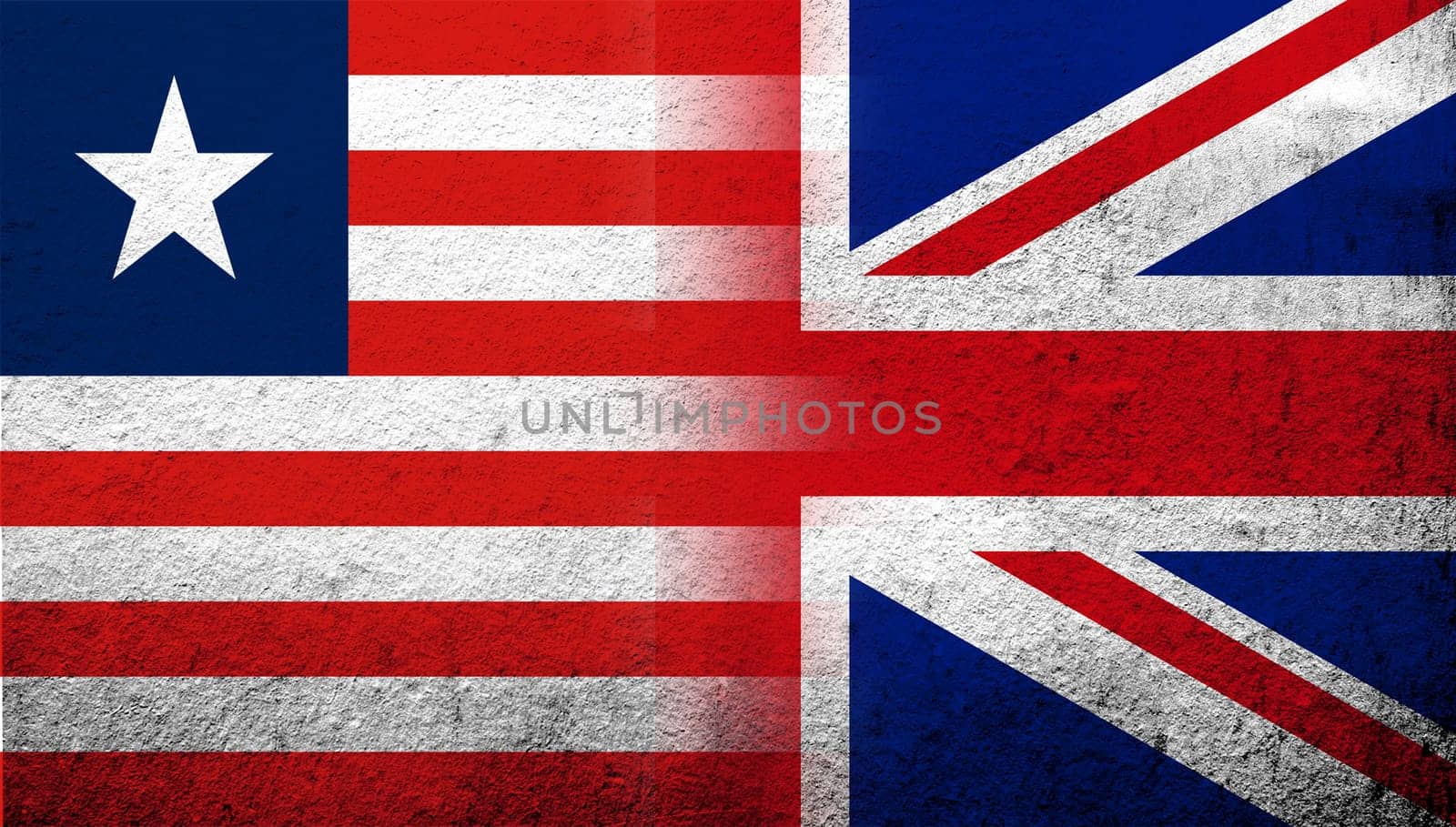 National flag of United Kingdom (Great Britain) Union Jack with The Republic of Liberia National flag. Grunge background