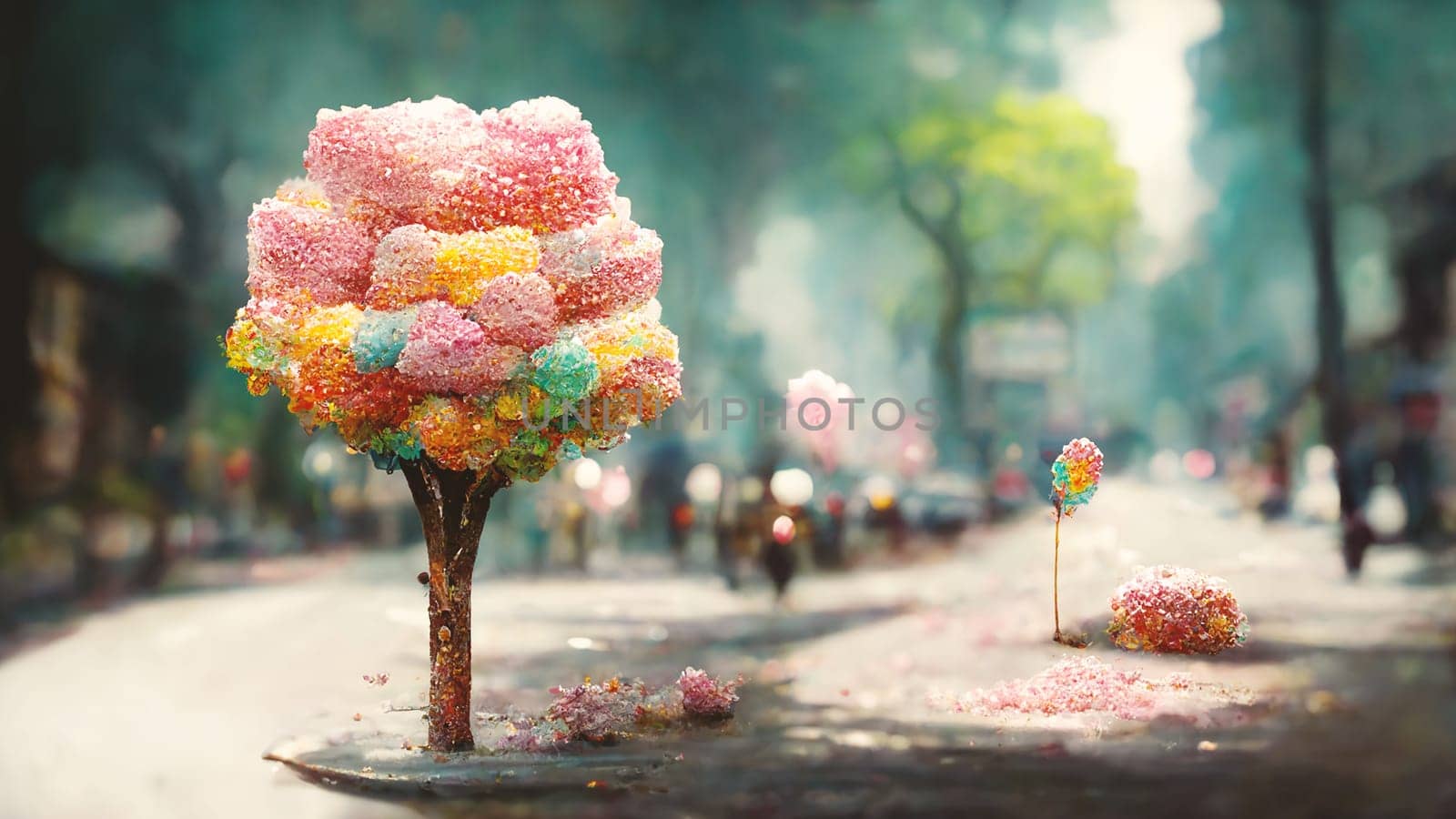 Illustration of a fantasy landscape in the town with pink cotton candy lollipop trees, imagination of a dream world