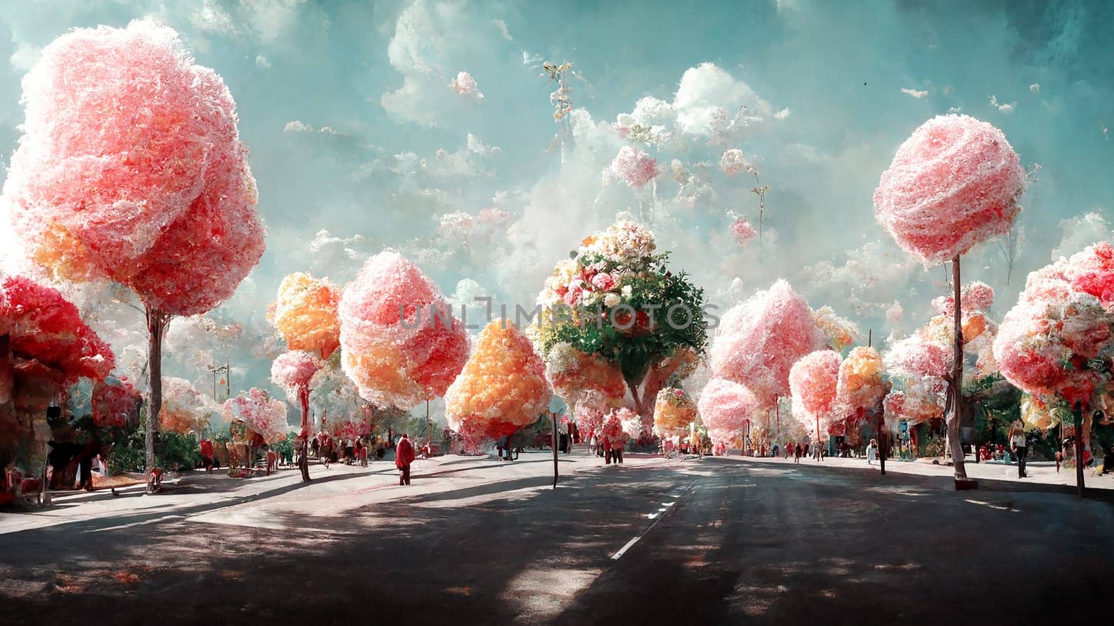 Illustration of a fantasy landscape in the town with pink cotton candy lollipop trees, imagination of a dream world