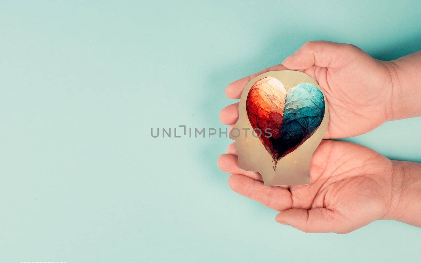 Holding a head with a colorful heart in the hands, symbol of love and positive emotion, charity and support