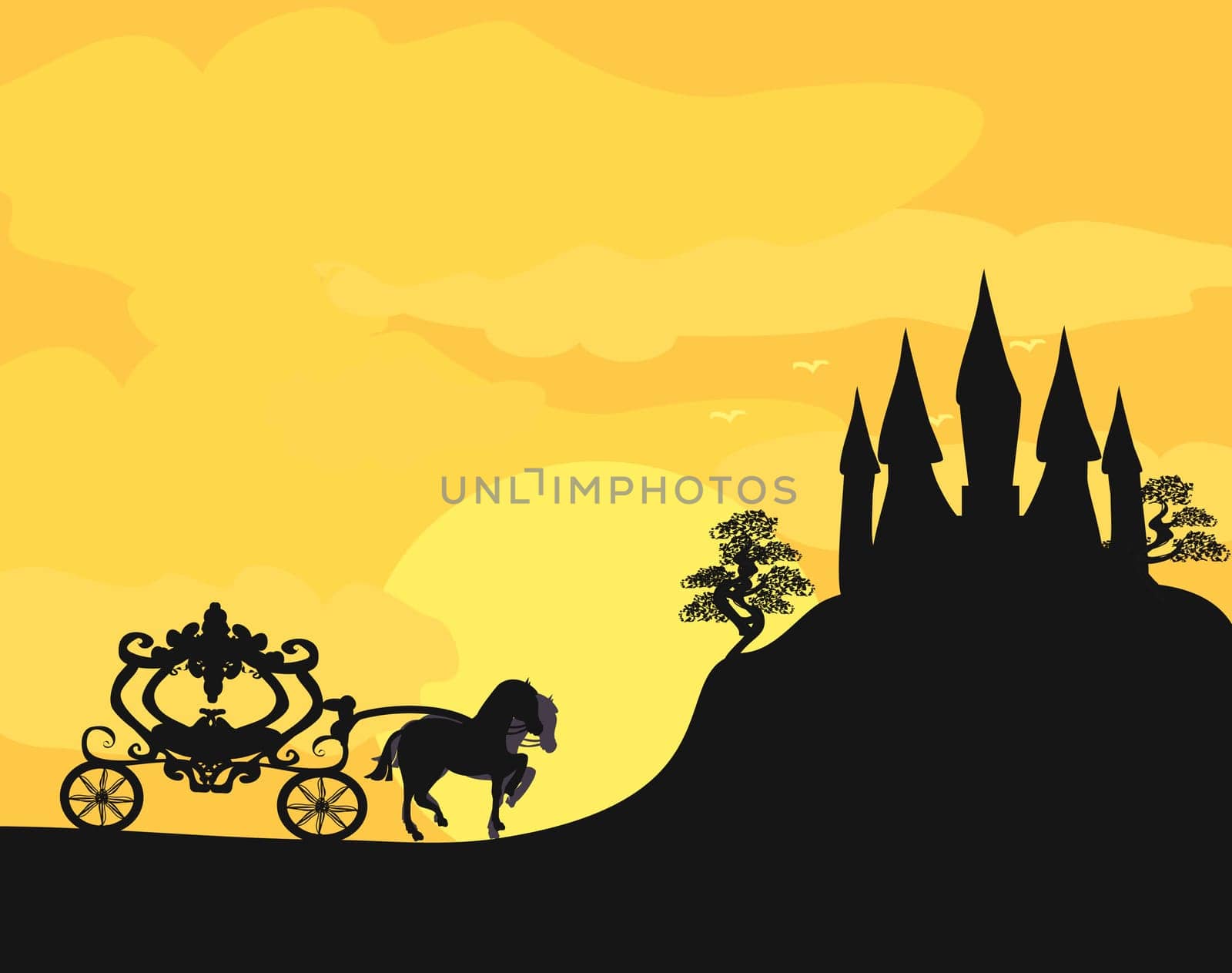 Carriage at sunset. Silhouette of a horse carriage and a medieval castle