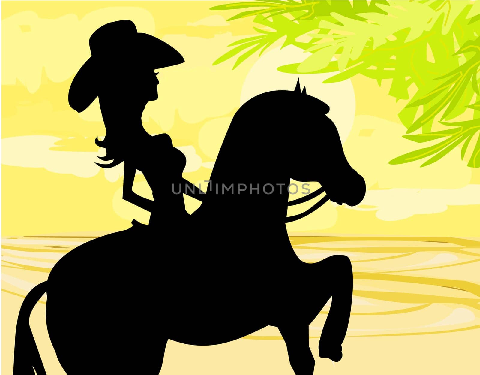 Silhouette of Cowgirl and Horse