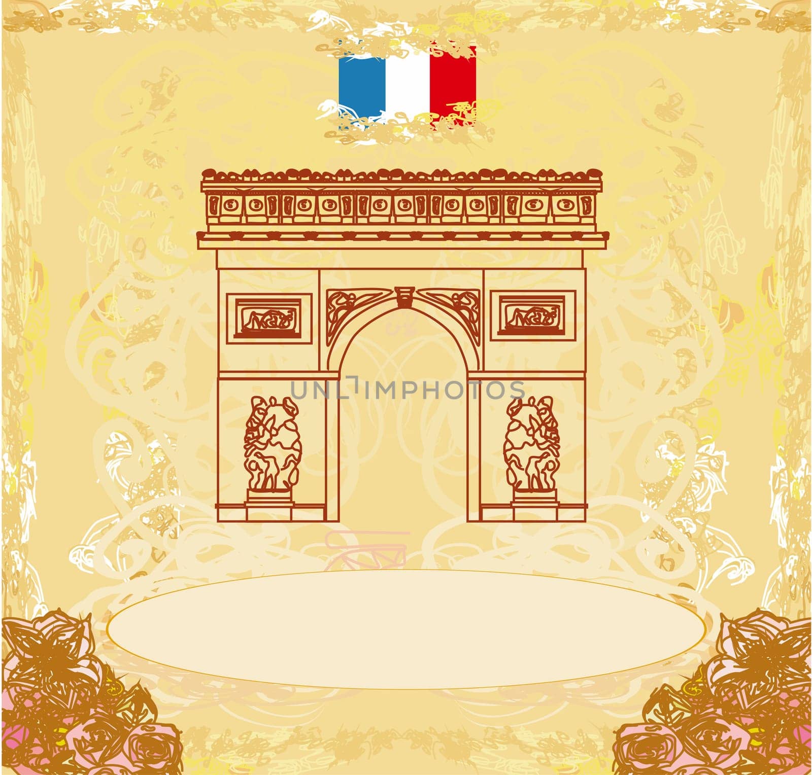 Hand drawn vector illustration of Paris Triumph Arc - Grunge Background
