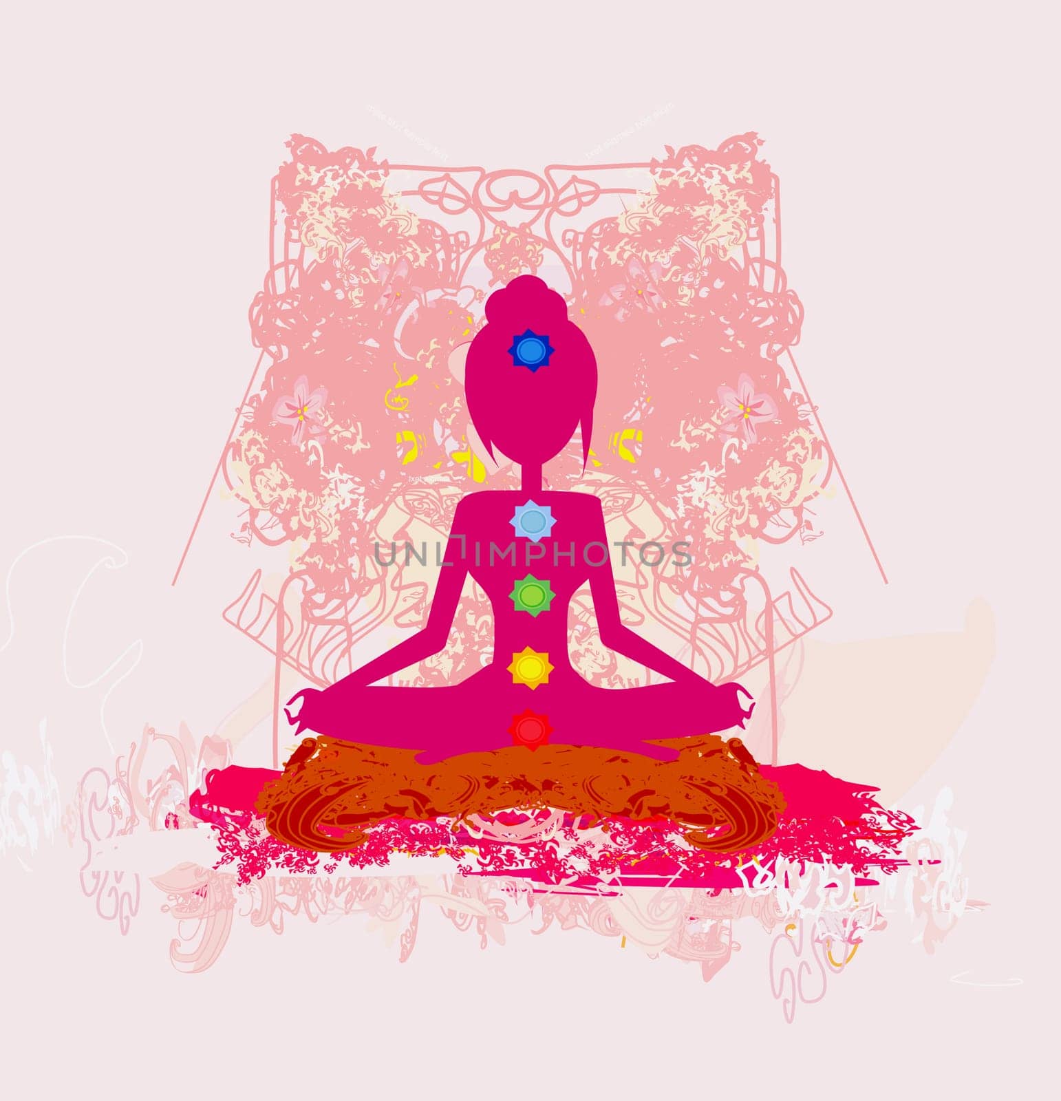 Yoga lotus pose. Padmasana with colored chakra points.