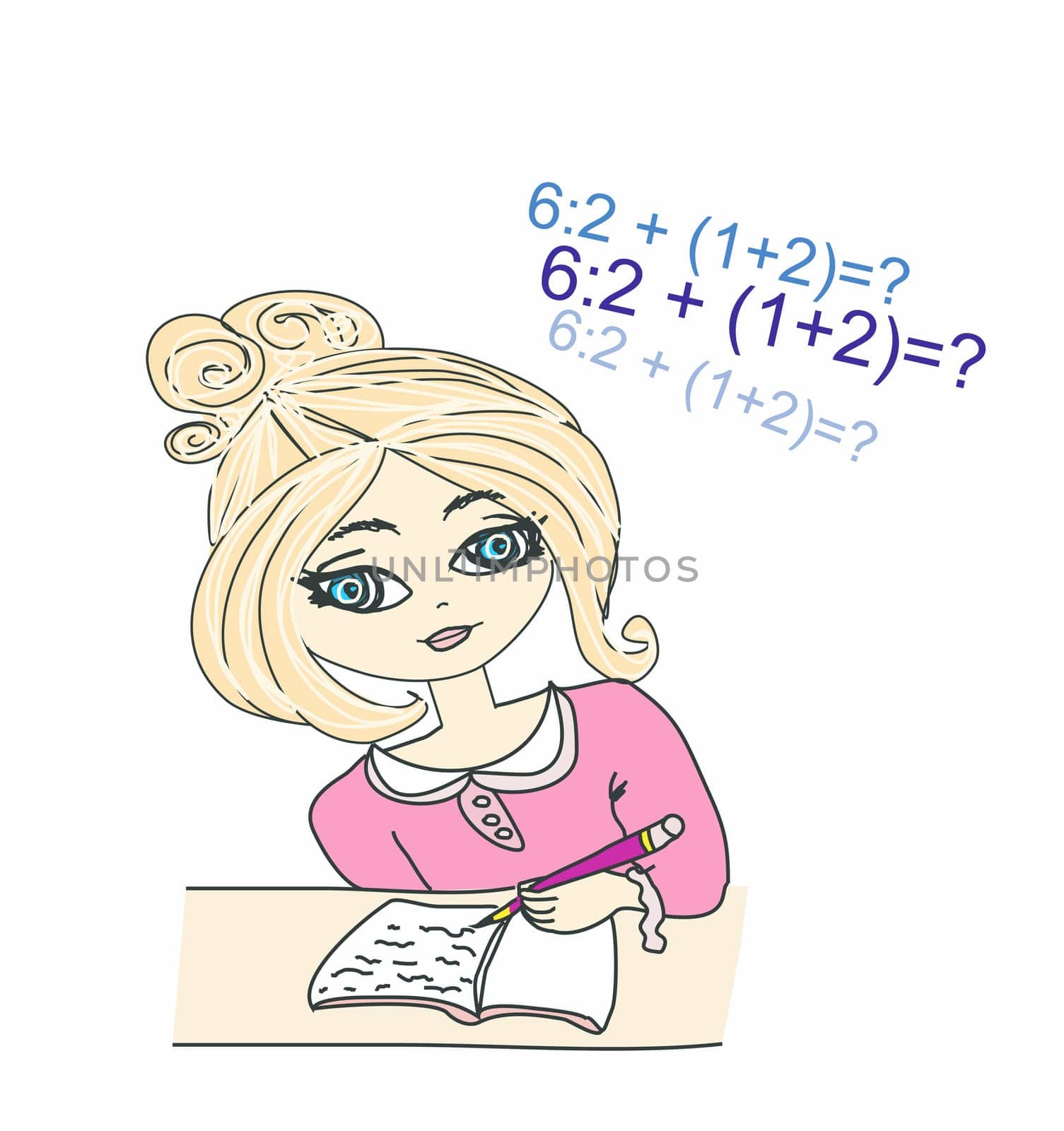 Illustration of a young girl sat at her desk writing in a book