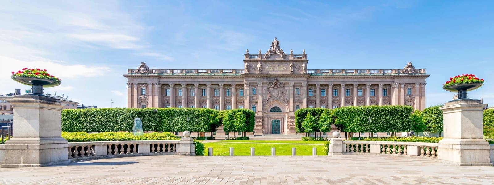 Riksdagshuset, the Swedish Parliament House, located on the island of Helgeandsholmen, Old town, or Gamla Stan, Stockholm, Sweden, in a summer day