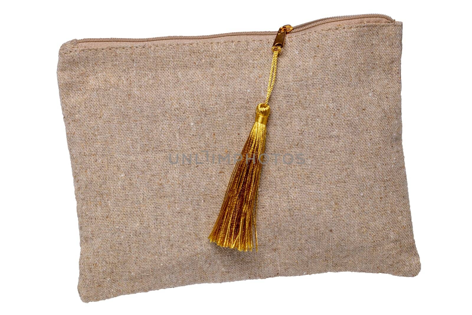 Cosmetic bags isolated. Close-up of a luxury cosmetic travel bag with zipper isolated on a white background. Used for essential equipment brushes for makeup and beauty products. Macro.