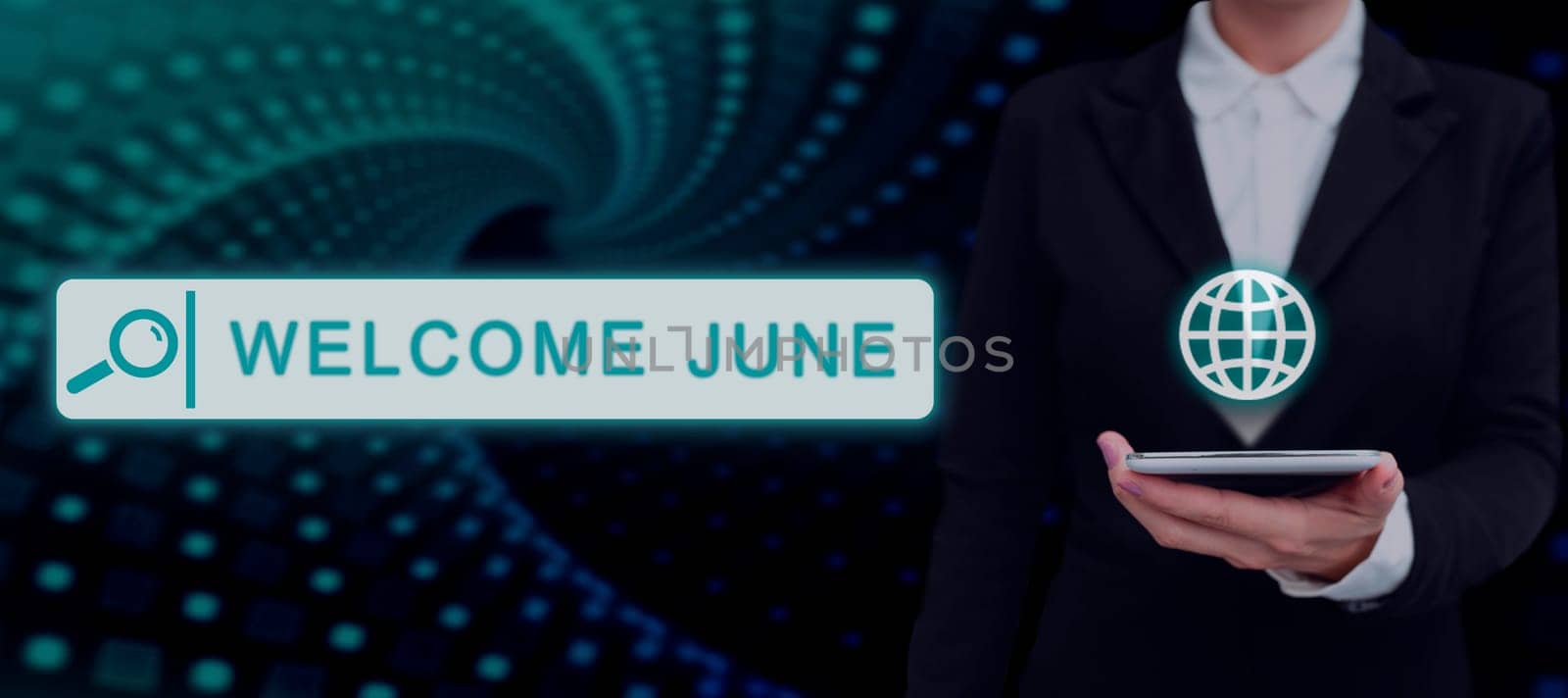 Hand writing sign Welcome June, Internet Concept Calendar Sixth Month Second Quarter Thirty days Greetings Lady in suit holding pen symbolizing successful teamwork accomplishments.