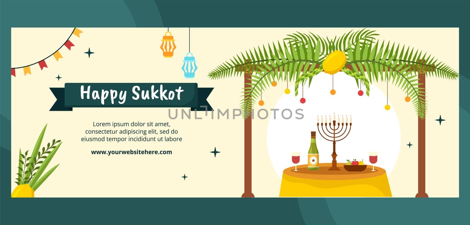 Jewish Holiday Sukkot Cover Template Hand Drawn Cartoon Flat Illustration