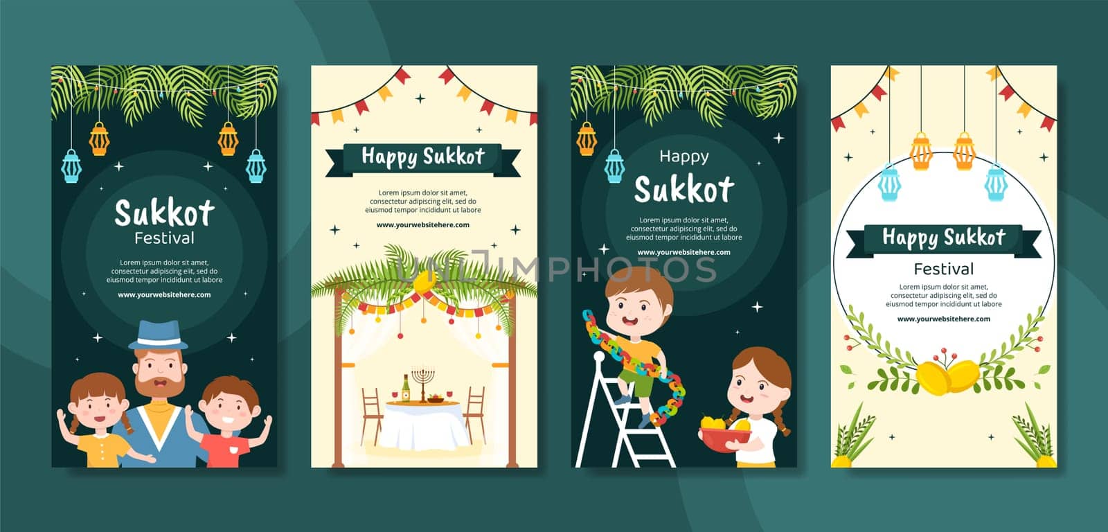 Jewish Holiday Sukkot Social Media Stories Template Hand Drawn Cartoon Flat Illustration