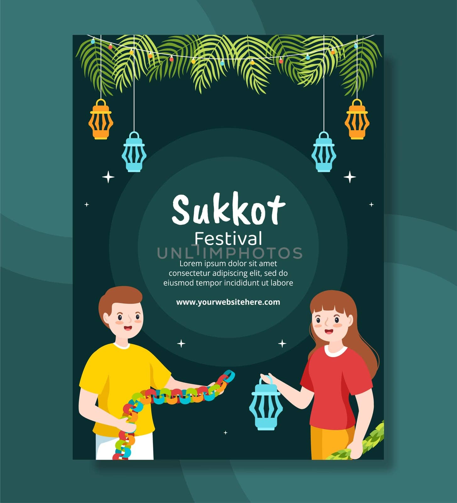 Jewish Holiday Sukkot Poster Template Hand Drawn Cartoon Flat Illustration