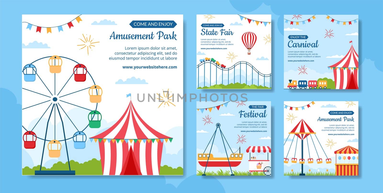 Amusement Park Carnival Social Media Post Template Hand Drawn Cartoon Flat Illustration