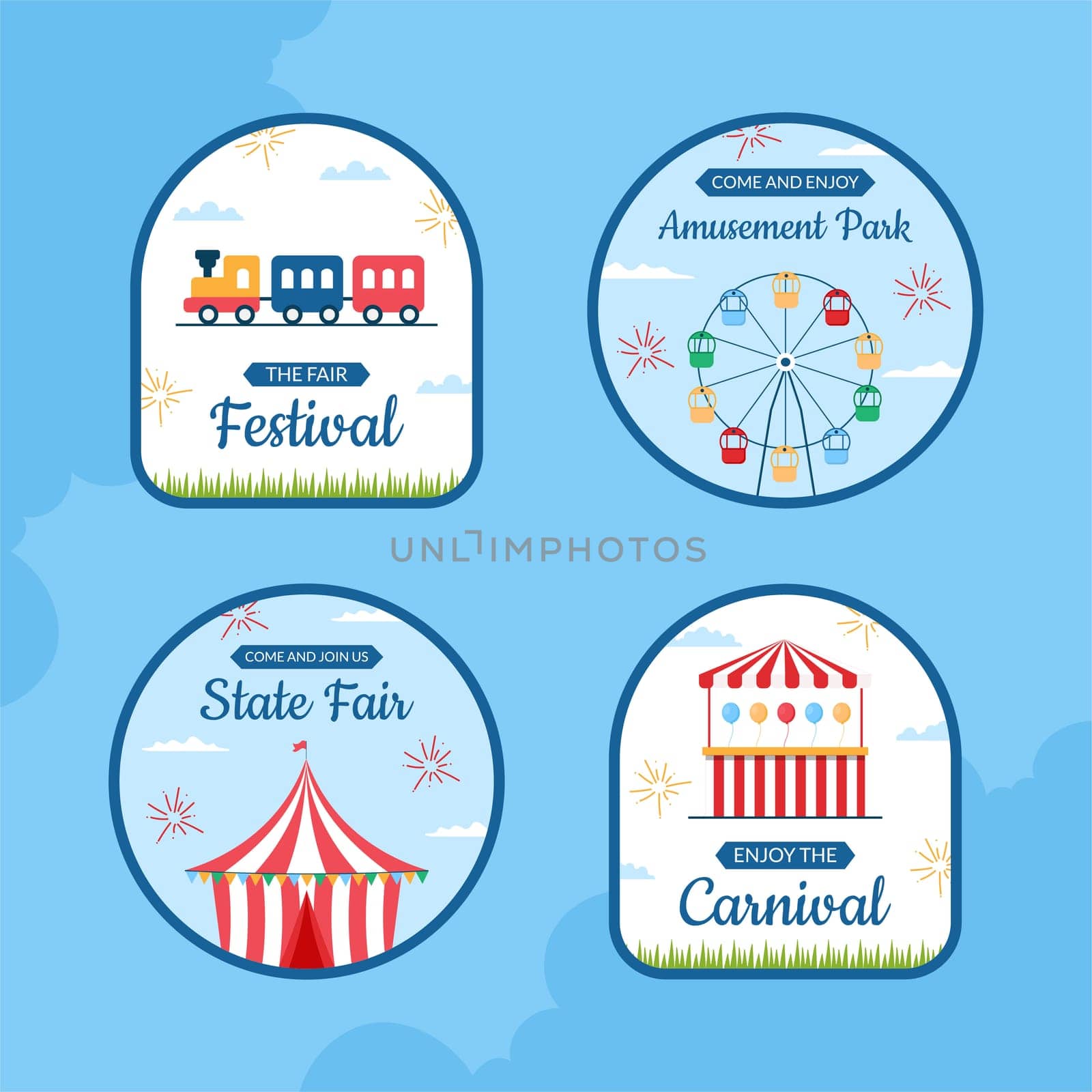 Amusement Park Carnival Label Template Hand Drawn Cartoon Flat Illustration