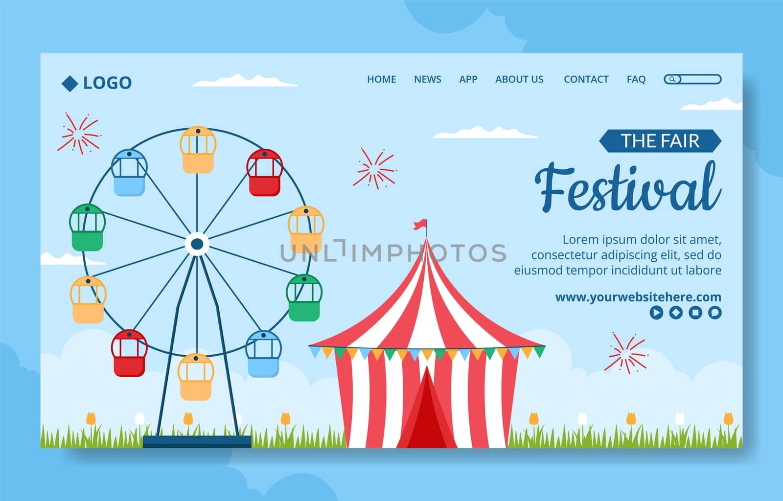 Amusement Park Carnival Social Media Landing Page Template Hand Drawn Cartoon Flat Illustration