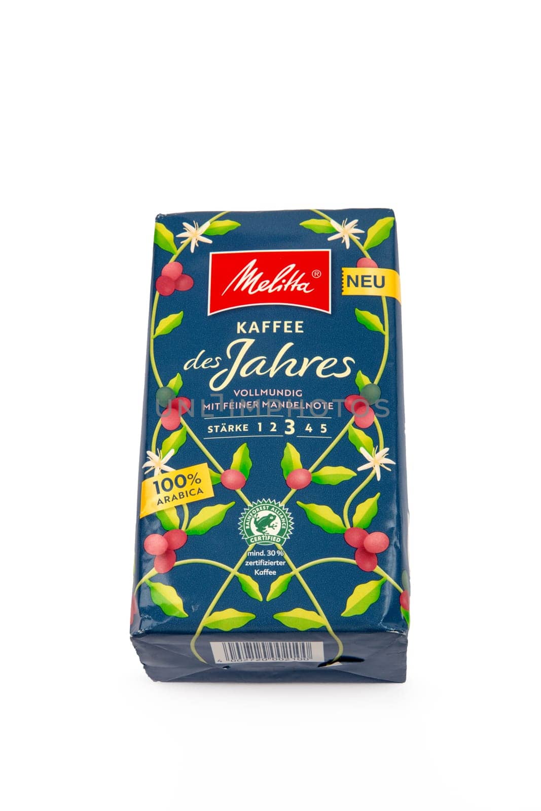 WETZLAR, GERMANY 2022-08-02: Package of half a kilo of vacuum packed roasted Brazilian coffee of brand Melitta.