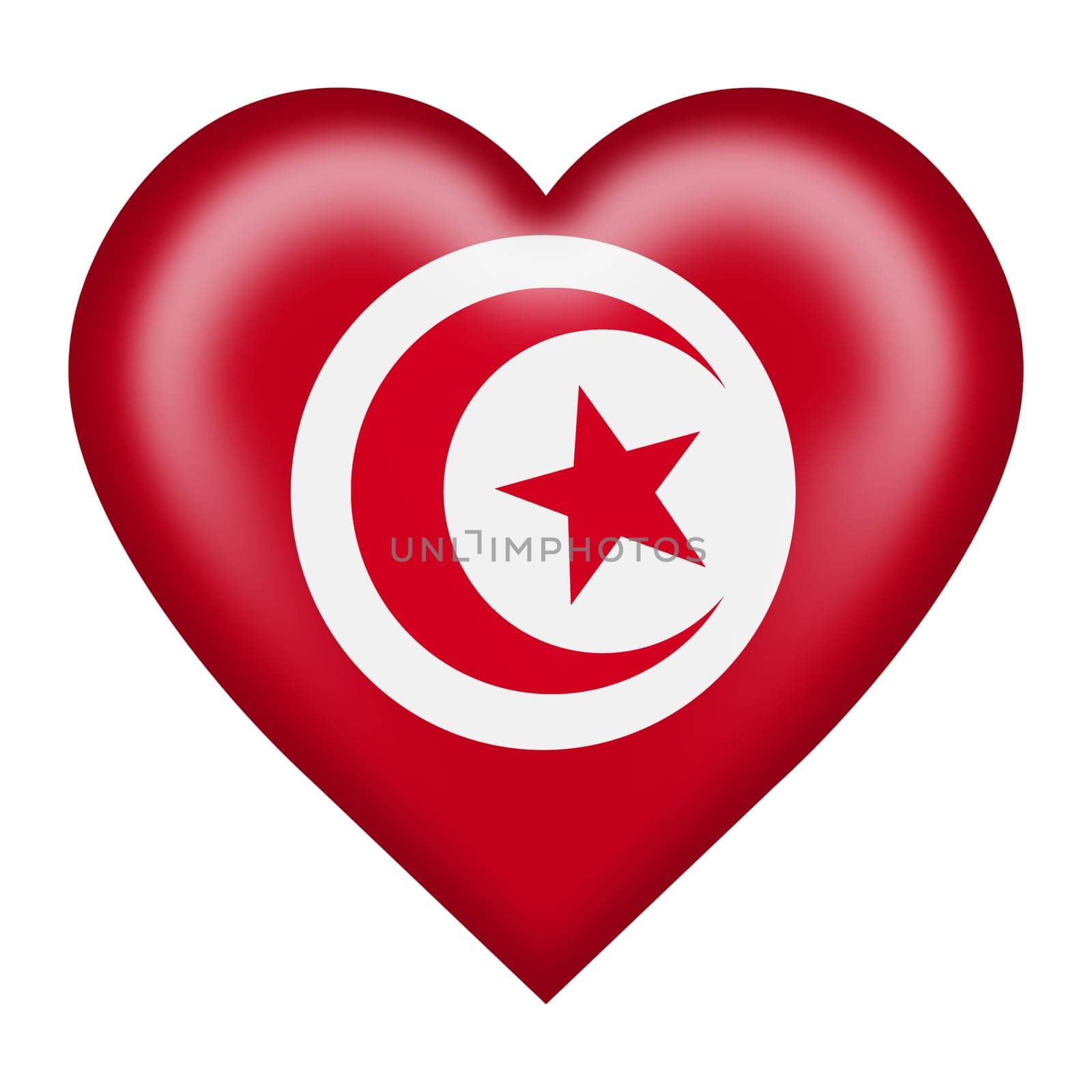 A Tunisia flag heart button 3d illustration isolated on white with clipping path