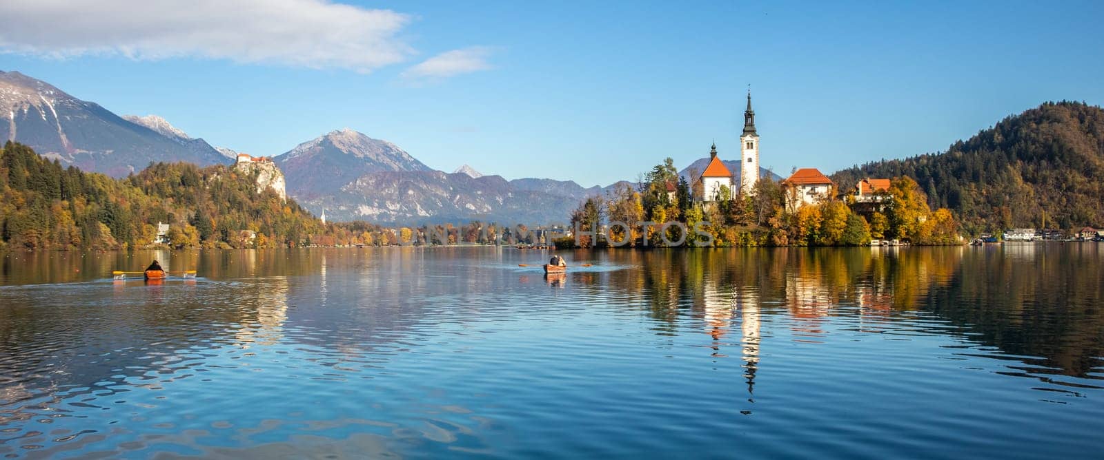 Panoramic view of Lake Bled with St. Marys Church of the Assumption on the small island. Bled, Slovenia, Europe