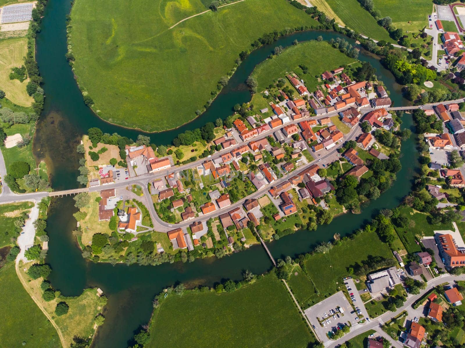 Kostanjevica na Krki Medieval Town Surrounded by Krka River, Slovenia, Europe. Aerial view