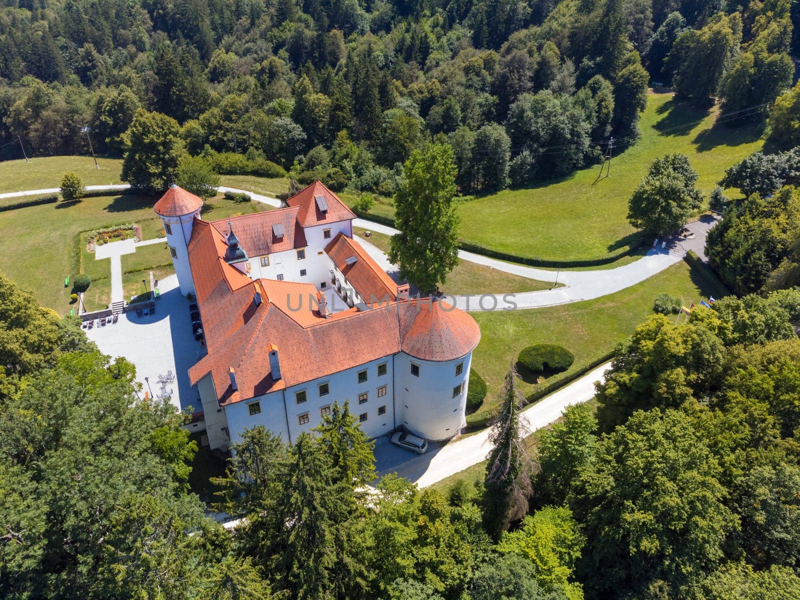 Beautiful aerial drone view of Bogensperk castle, Litija, Slovenia