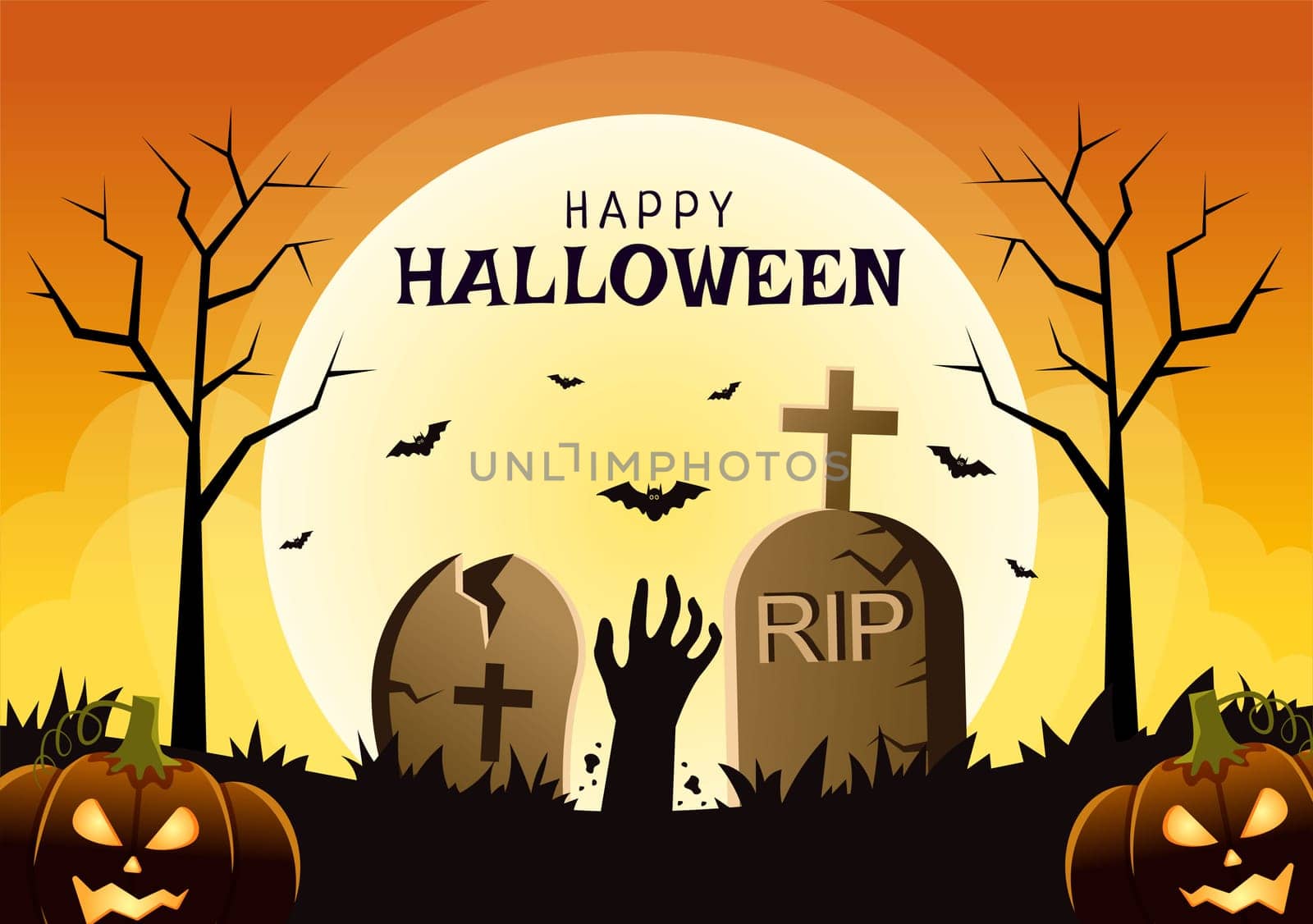 Happy Halloween Template Background Hand Drawn Cartoon Flat Illustration with Pumpkins, Bats and Dark Castle on Full Moon For Add Your Design Style