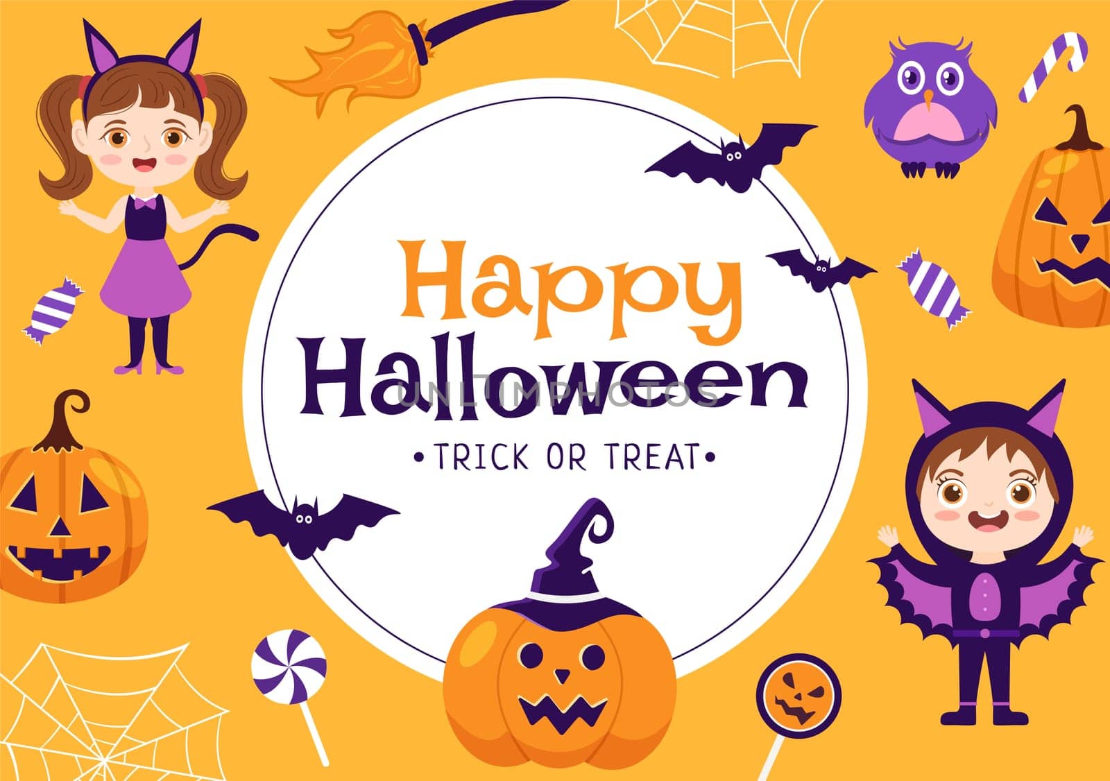 Happy Halloween Template Background Hand Drawn Cartoon Flat Illustration with Children Wearing Various Costumes, Haunted House, Pumpkins, Bats and Full Moon