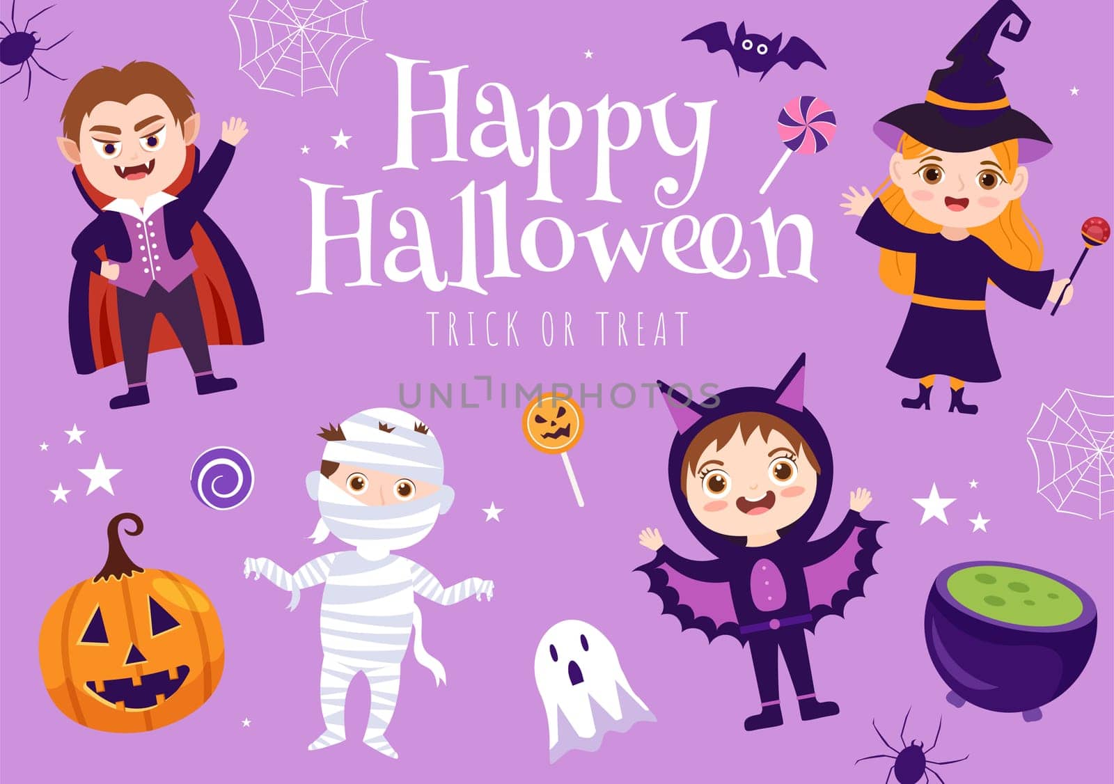 Happy Halloween Template Background Hand Drawn Cartoon Flat Illustration with Children Wearing Various Costumes, Haunted House, Pumpkins, Bats and Full Moon