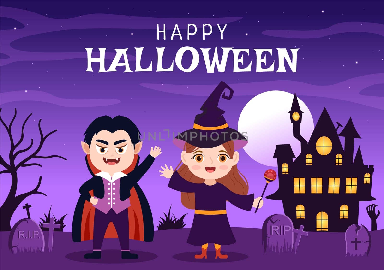 Happy Halloween Template Background Hand Drawn Cartoon Flat Illustration with Children Wearing Various Costumes, Haunted House, Pumpkins, Bats and Full Moon