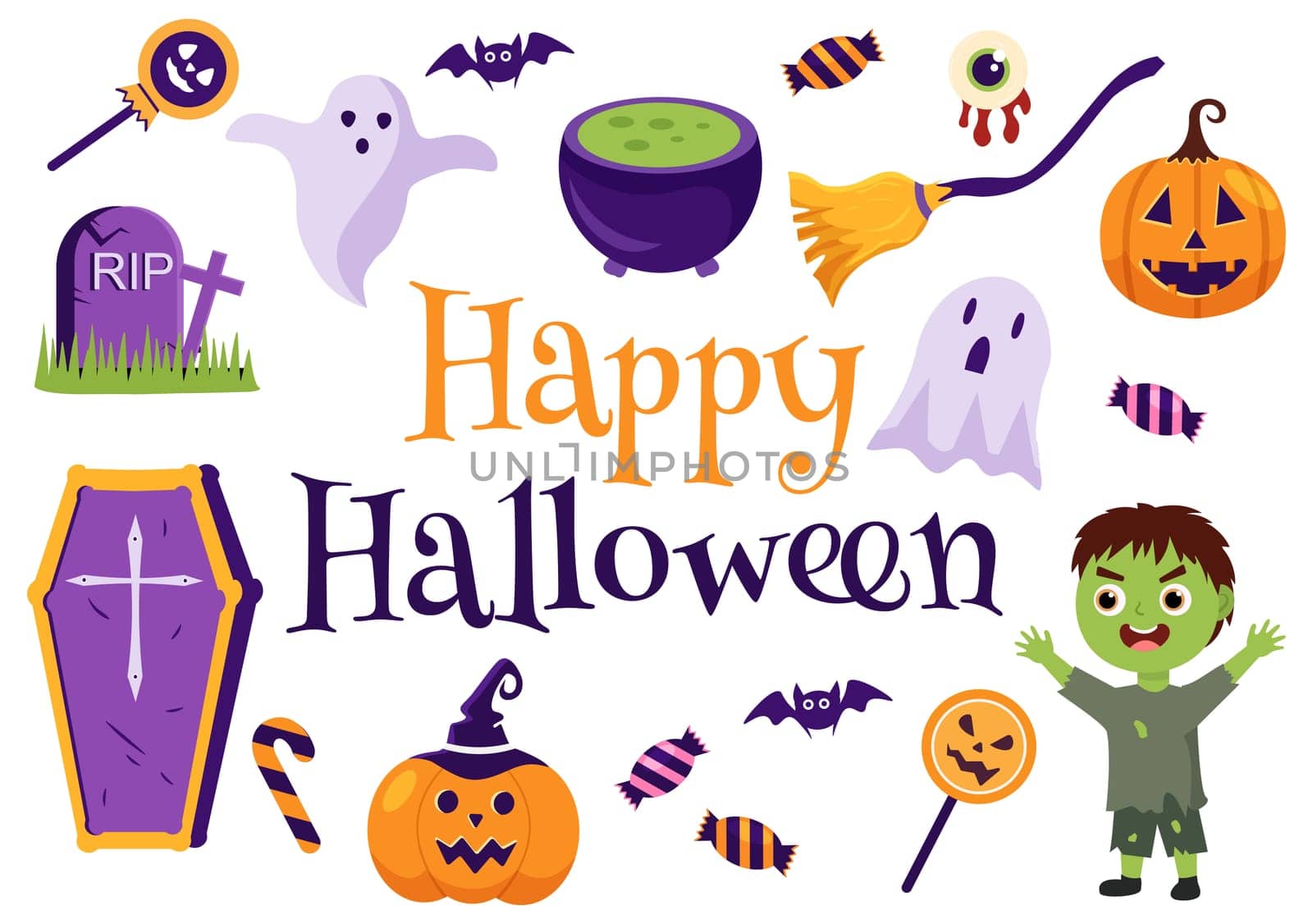Happy Halloween Template Background Hand Drawn Cartoon Flat Illustration with Children Wearing Various Costumes, Haunted House, Pumpkins, Bats and Full Moon