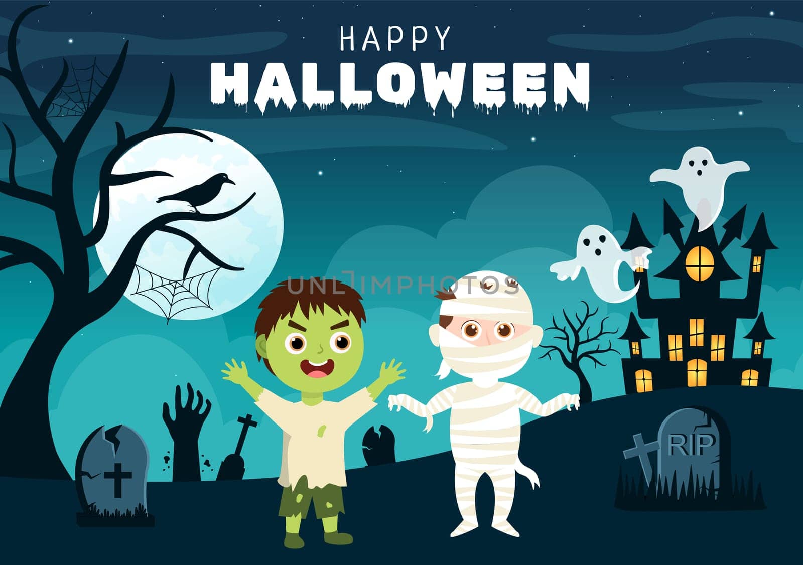 Happy Halloween Template Background Hand Drawn Cartoon Flat Illustration with Children Wearing Various Costumes, Haunted House, Pumpkins, Bats and Full Moon