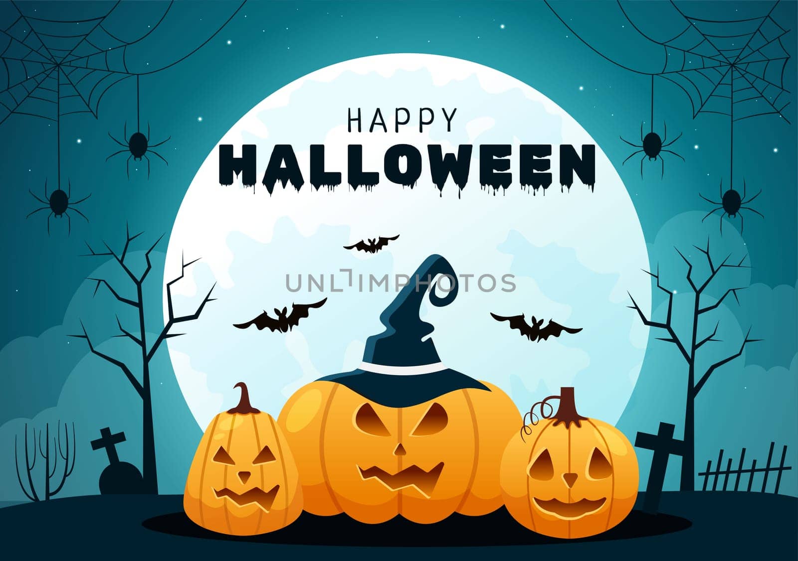 Happy Halloween Template Background Hand Drawn Cartoon Flat Illustration with Pumpkins, Bats and Dark Castle on Full Moon For Add Your Design Style